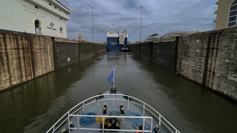 Tourist boat Pacific Queen passes through the Pedro Miguel locks while transiting the Panama Canal on September 23, 2023 in Pedro Miguel, Panama.