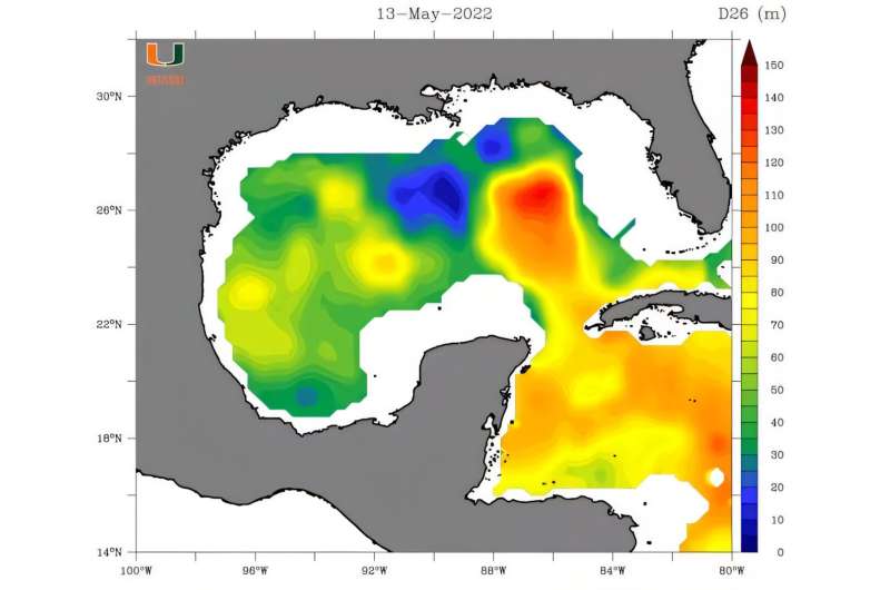 The Loop Current stretched well into the Gulf in May 2022. The scale, in meters, shows the maximum depth at which temperatures were 78°F (26°C) or greater. Credit: Nick Shay/University of Miami, CC BY-ND NOAA’s 2025 hurricane forecast warns of a busy season. A scientist explains why and what meteorologists are watching