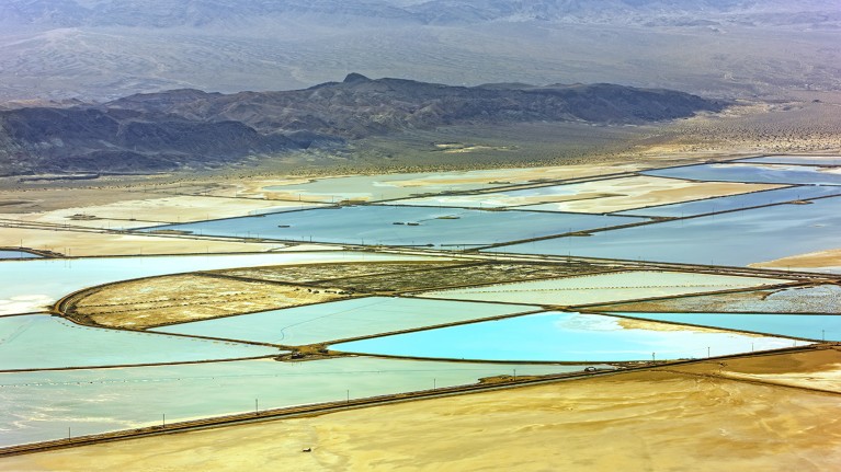 Aerial view of the lithium mine and drying ponds in Silver Peak, Nevada