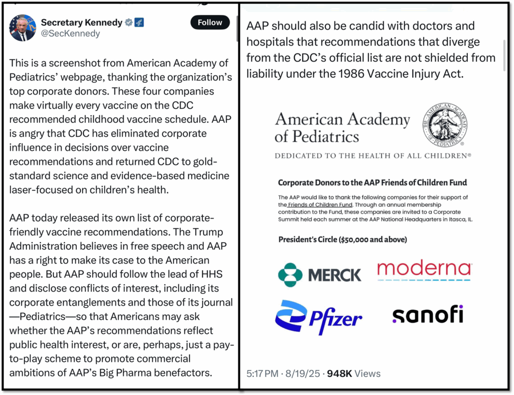 A social media post displays a statement criticizing the American Academy of Pediatrics, highlighting alleged financial ties to pharmaceutical companies Merck, Moderna, Pfizer, and Sanofi, with their logos shown.