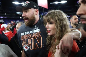 Travis Kelce and Taylor Swift after a 17-10 victory against the Baltimore Ravens in the AFC Championship Game at M&T Bank Stadium on January 28, 2024 in Baltimore, Maryland.