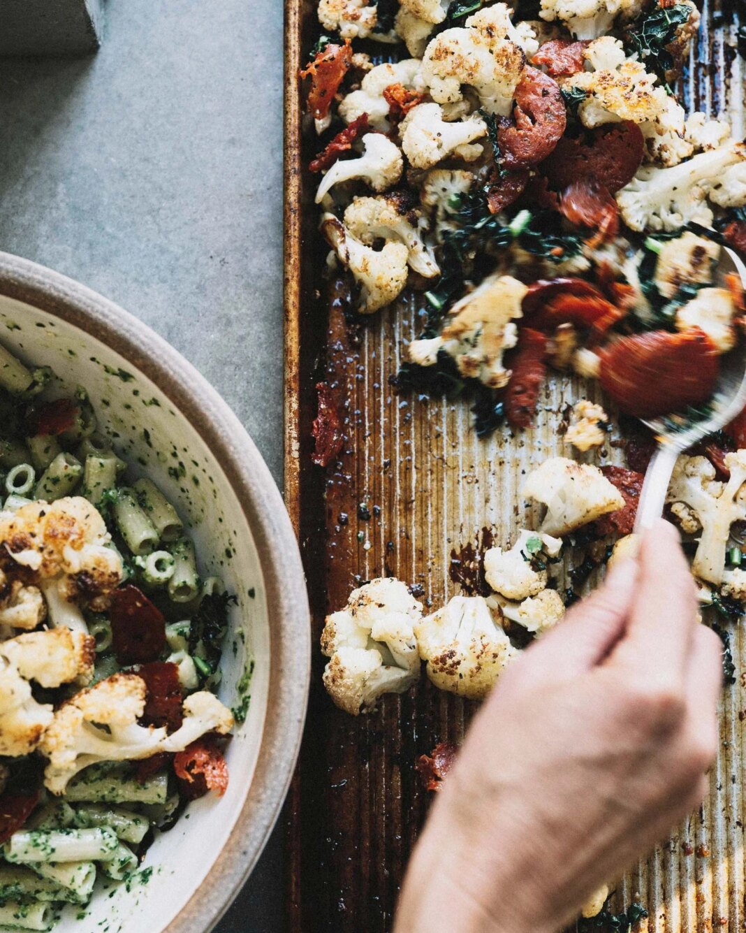 PASTA WITH ROASTED CAULIFLOWER, CHORIZO + WINTER PESTO — Sprouted Kitchen