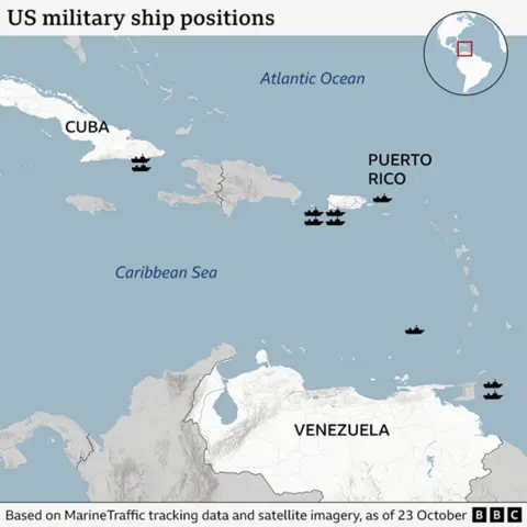 A map of the Caribbean Sea, showing the positions of 10 US vessels