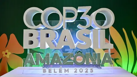 Getty Images The illuminated logo for the COP30 climate meeting in Belem, Brazil at the pre-conference preparatory meeting. The logo reads "COP30, Brasil, Amazonia, Belem 2025" in white and black letters against a green background featuring tropical flowers. 