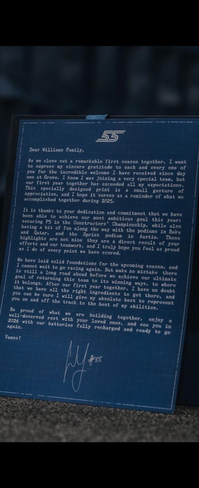 Carlos Sainz letter to the Williams family