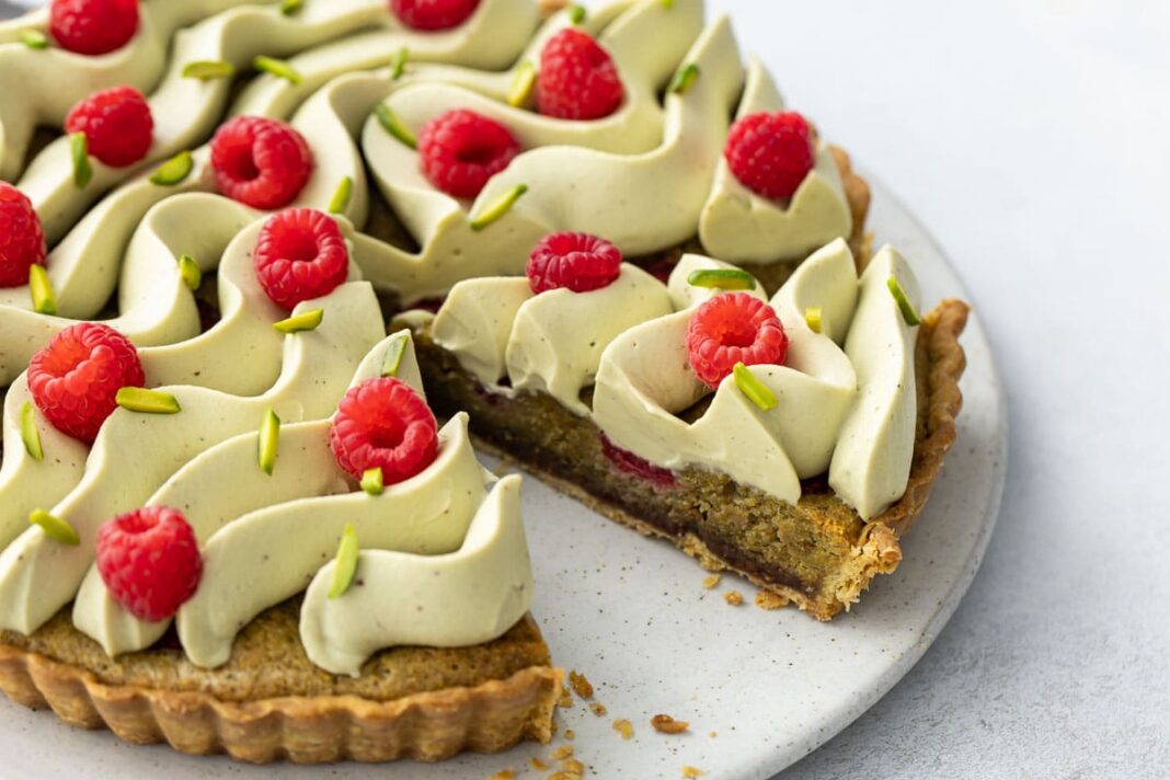 Raspberry & Pistachio Frangipane Tart with Whipped Pistachio Ganache