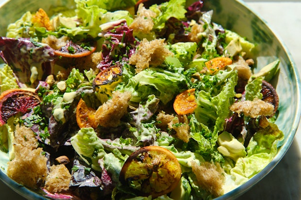 Caesar salad in a large bowl with croutons