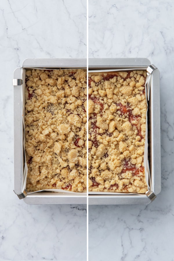 Split screen showing jam crumb cake before and after baking.