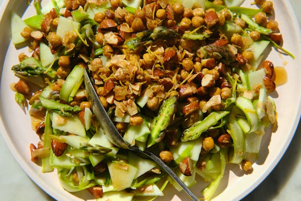 Asparagus Ribbon Salad with Crispy Chickpeas and Hot Honey