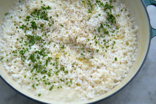 Risotto in a wide saucepan