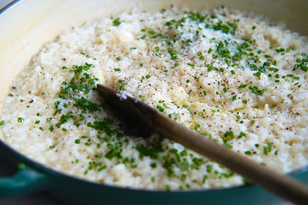 Risotto in a wide saucepan