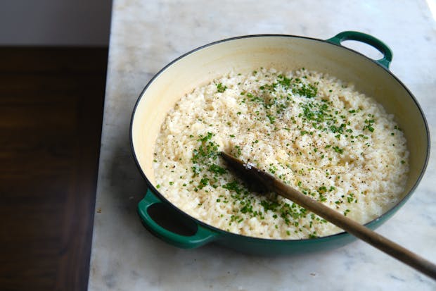 finished risotto in a pan on counter
