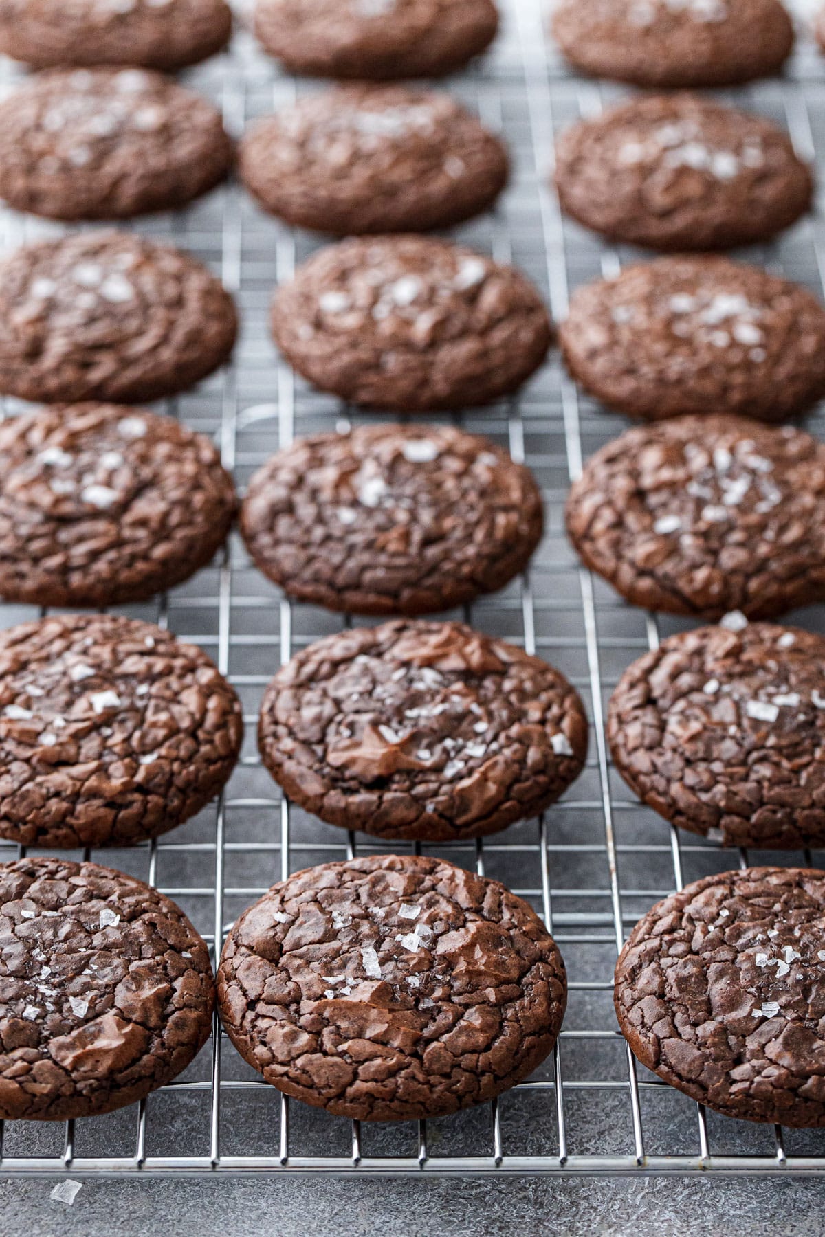 Chewy Crinkle-Top Brownie Cookies arranged in rows on a wire baking rack.