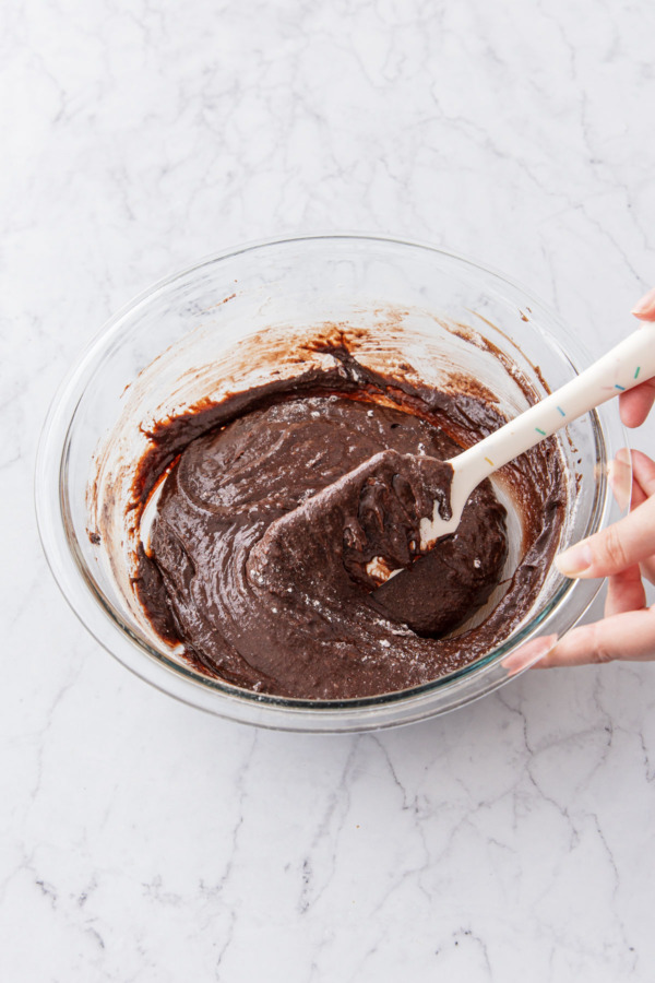 After mixing, the flour should be just incorporated with no streaks of white flour remaining.