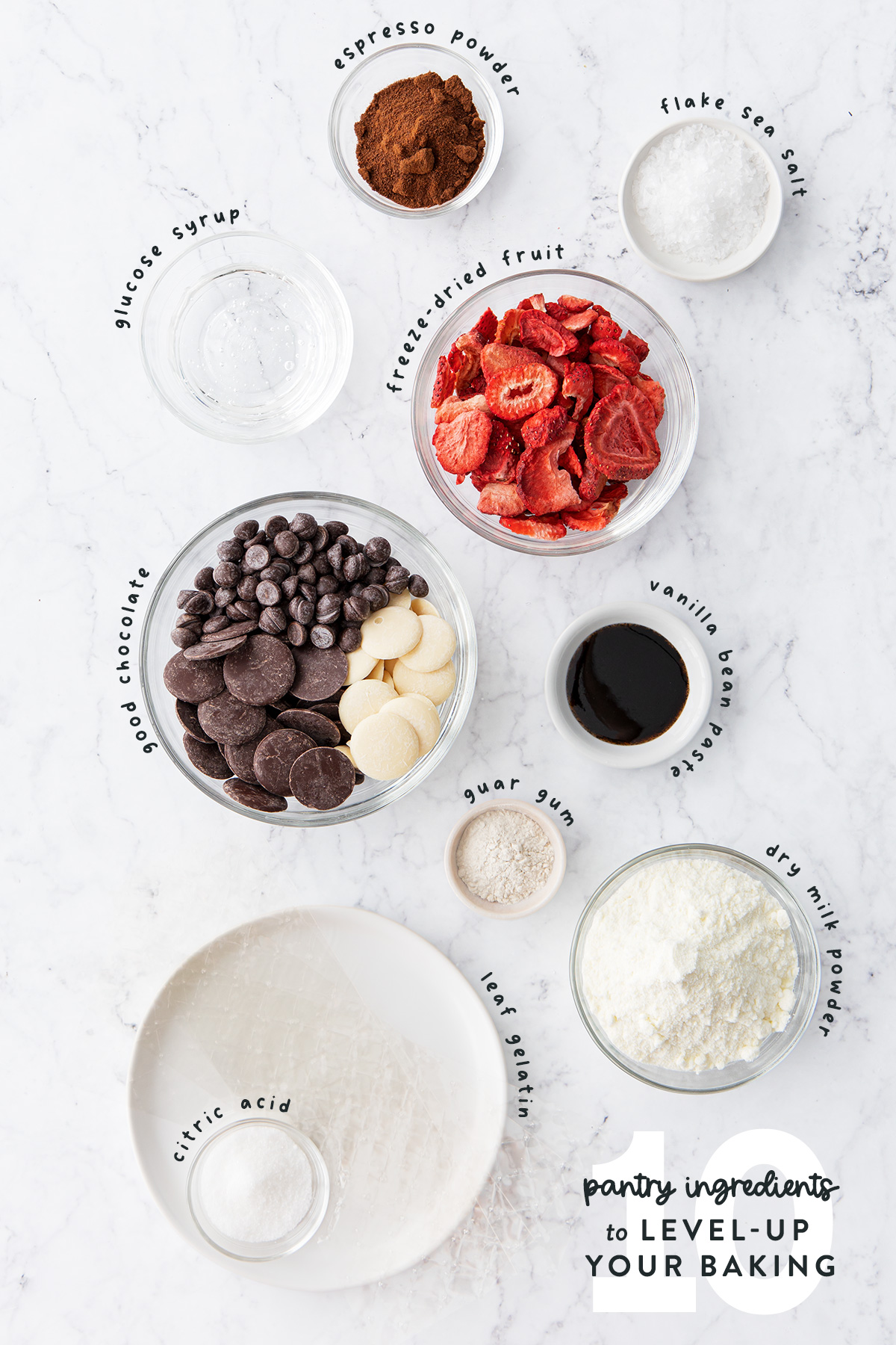 Overhead bowls of varying sizes filled with different ingredients and text overlay reading "10 Pantry Ingredients to Level-Up your Baking".