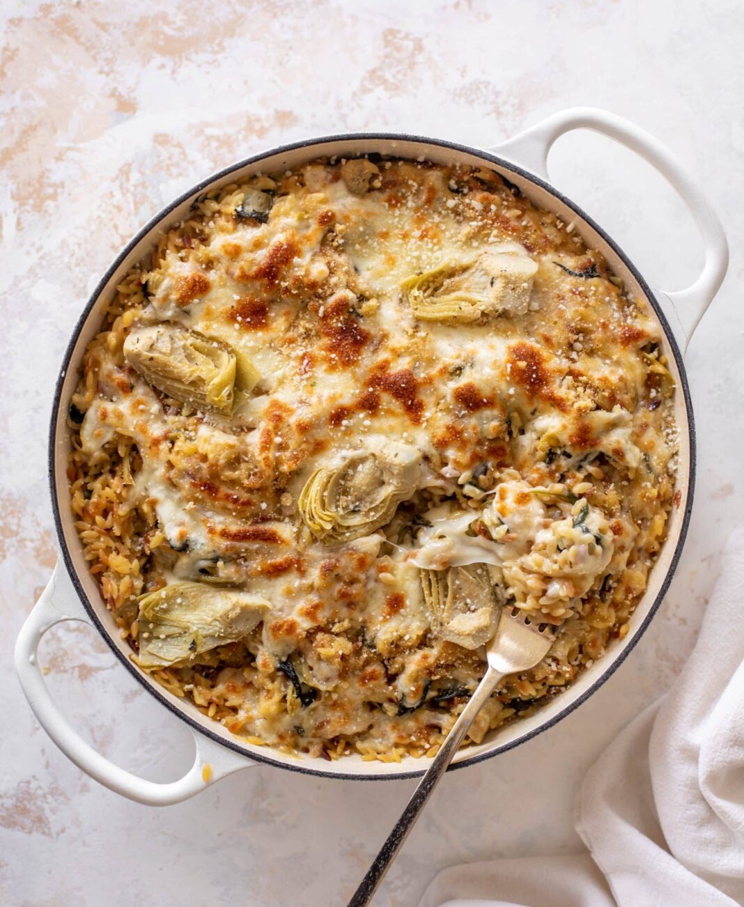 One Pot Spinach Artichoke Orzo.