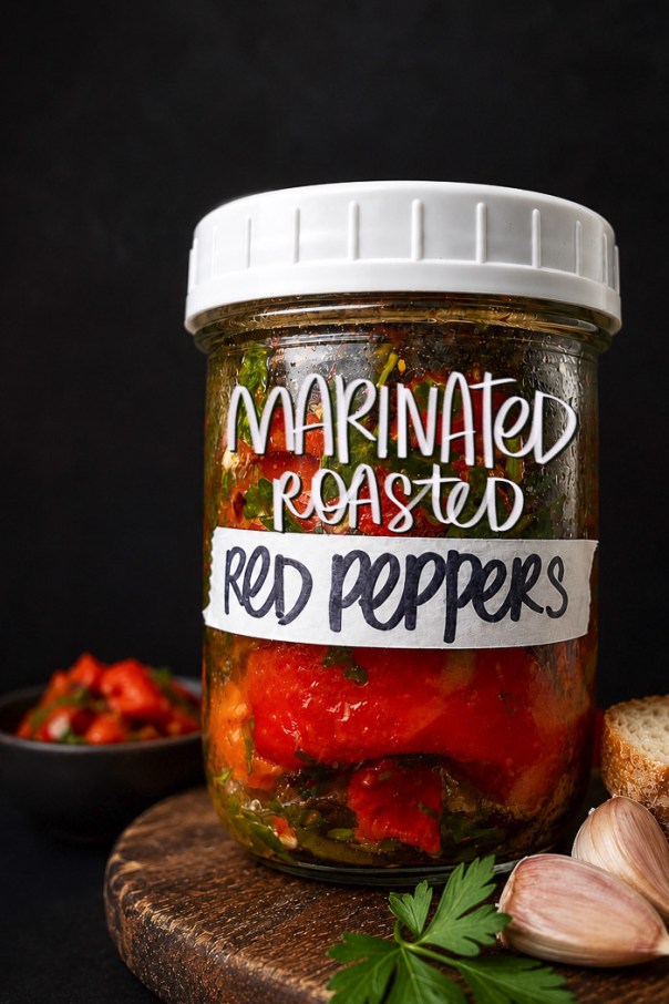 Sweet roasted red peppers marinated with garlic, herbs, and olive oil. An easy make-ahead recipe for sandwiches, salads, and snack boards. Full recipe on Shutterbean.