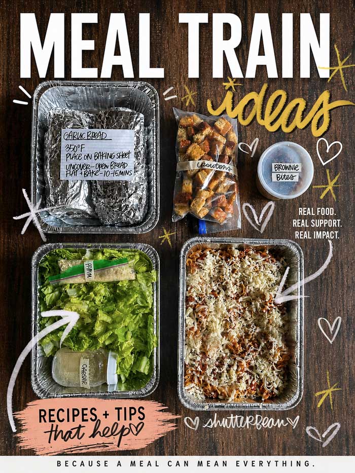 Need meal train ideas? Here are comforting, practical meal train meals that actually help families during busy seasons, postpartum recovery, grief, illness, or hard times. Includes casseroles, soups, breakfast ideas, snacks, freezer meals, healthy meal train ideas, and easy dinners that reheat well. Perfect for new moms, friends in need, or community care planning. From Tracy Benjamin of Shutterbean.