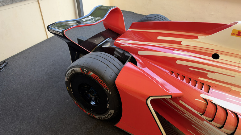 Rear tire of a Formula E race car wearing Bridgestone tires